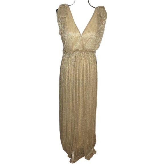 Rachel Zoe Gold Metallic Shoulder Tie Pleated Maxi Dress Size Small